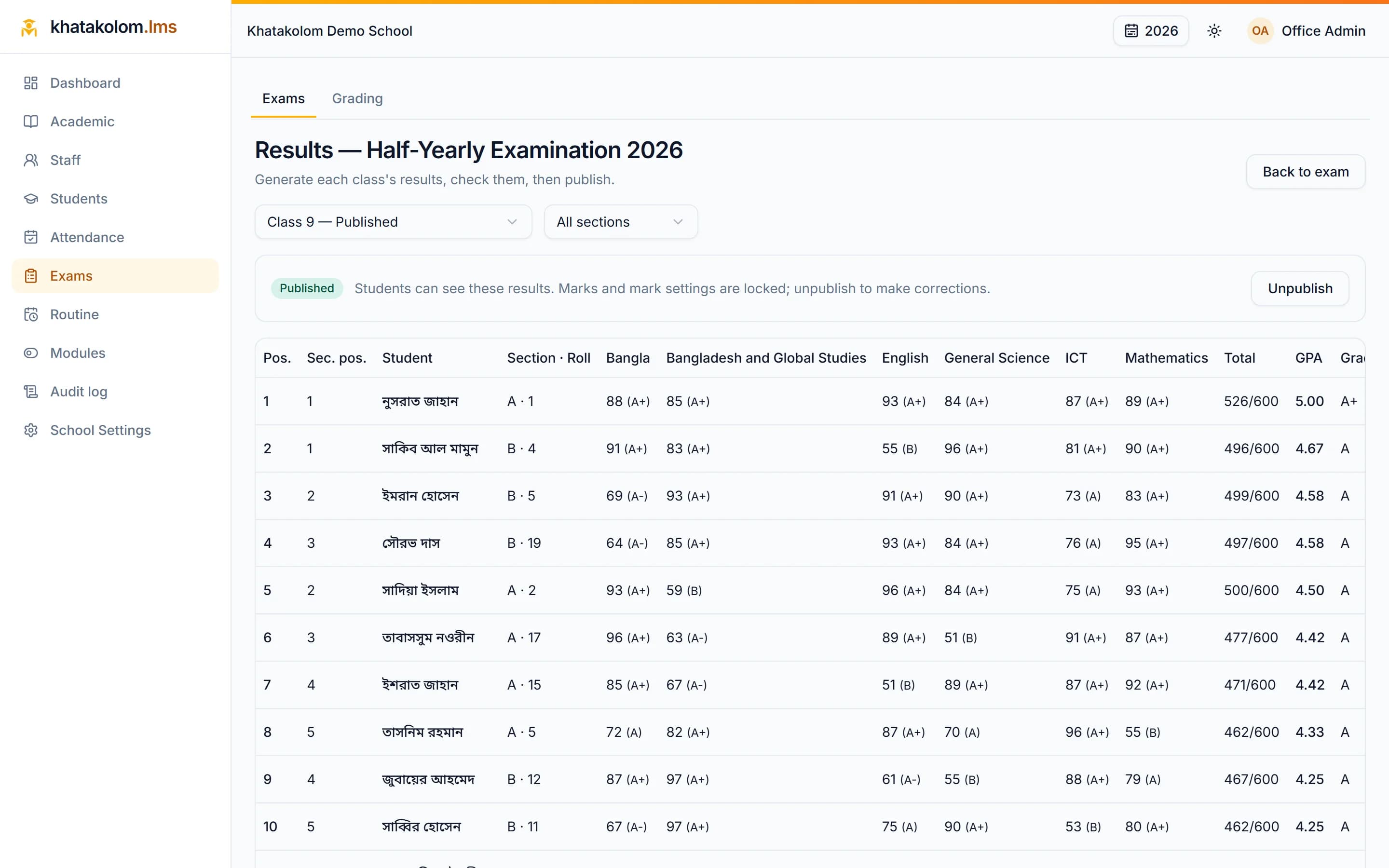 A real screen from khatakolom.lms: Examinations and results